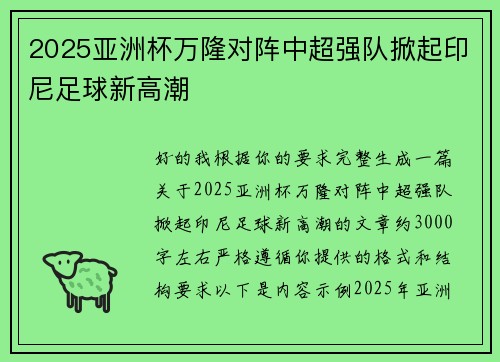 2025亚洲杯万隆对阵中超强队掀起印尼足球新高潮